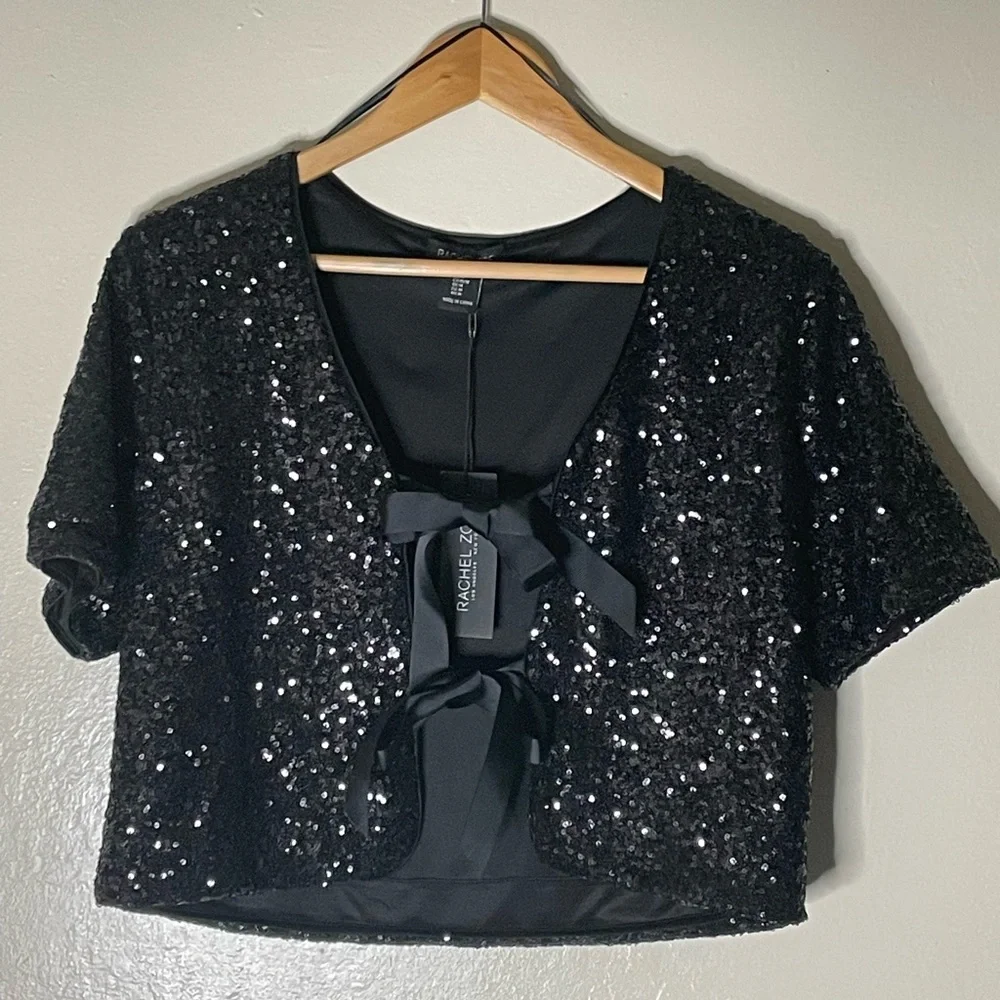 Rachel Zoe black sequins tie front crop top size M glitter Fairy